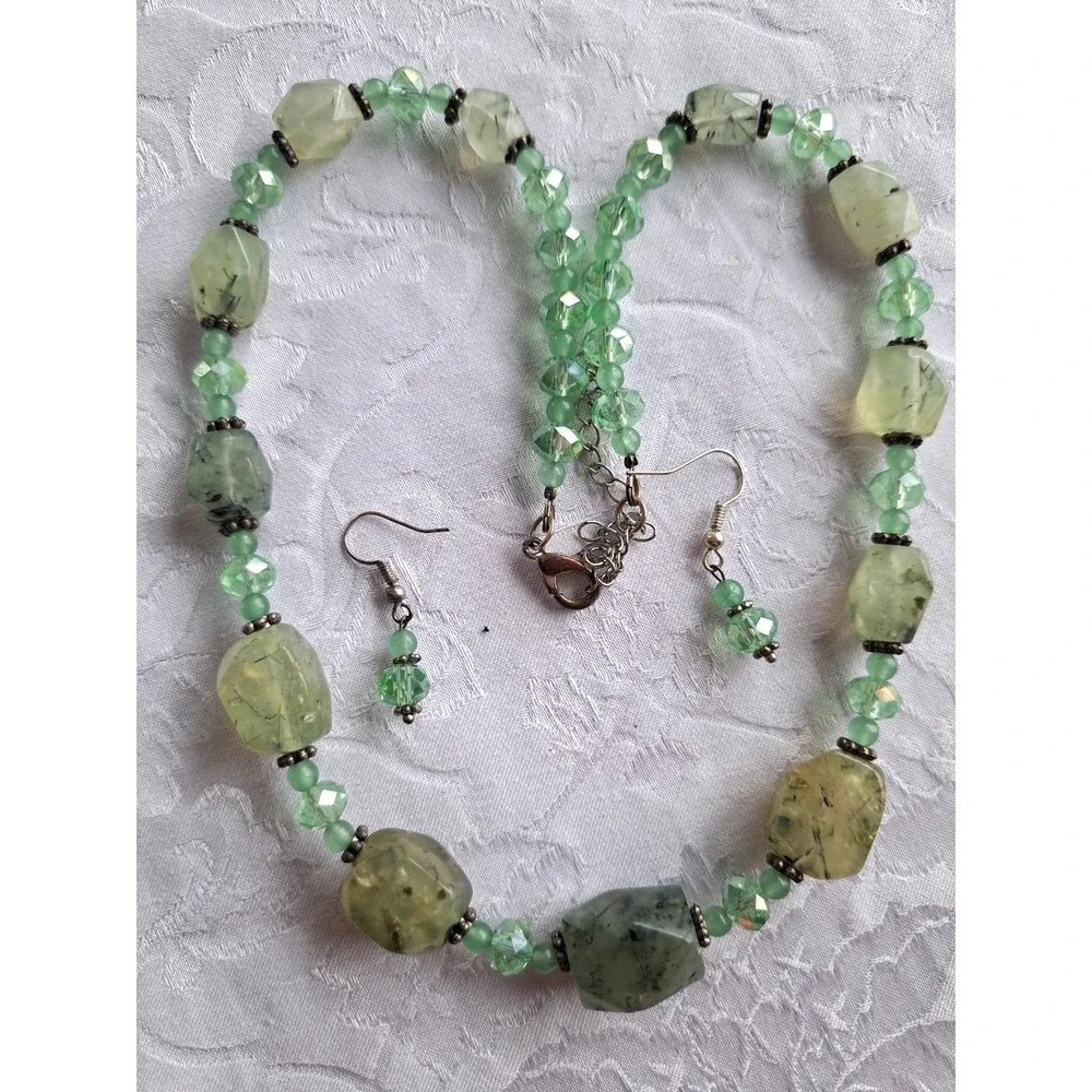 Gemstone Beaded Jewelry Set Necklace Earrings Natural Prehnite Aventurine Glass